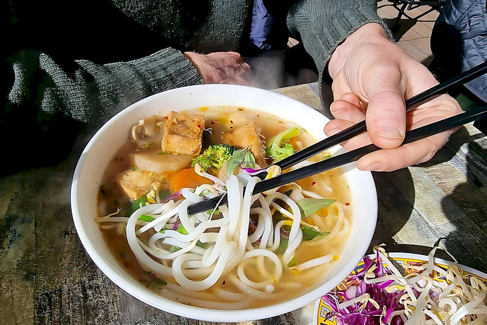 Vegan Bun Bo Hue with rich broth, sweet from vegetables, has a unique and unforgettable flavor